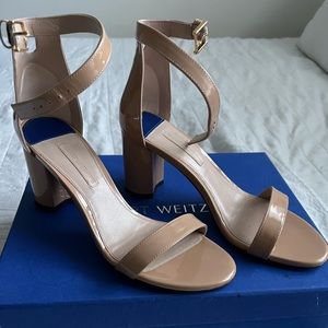 Stuart Weitzman Less Nudist 75mm Strap Ankle Adobe Beige Patent Leather Size 7.0
